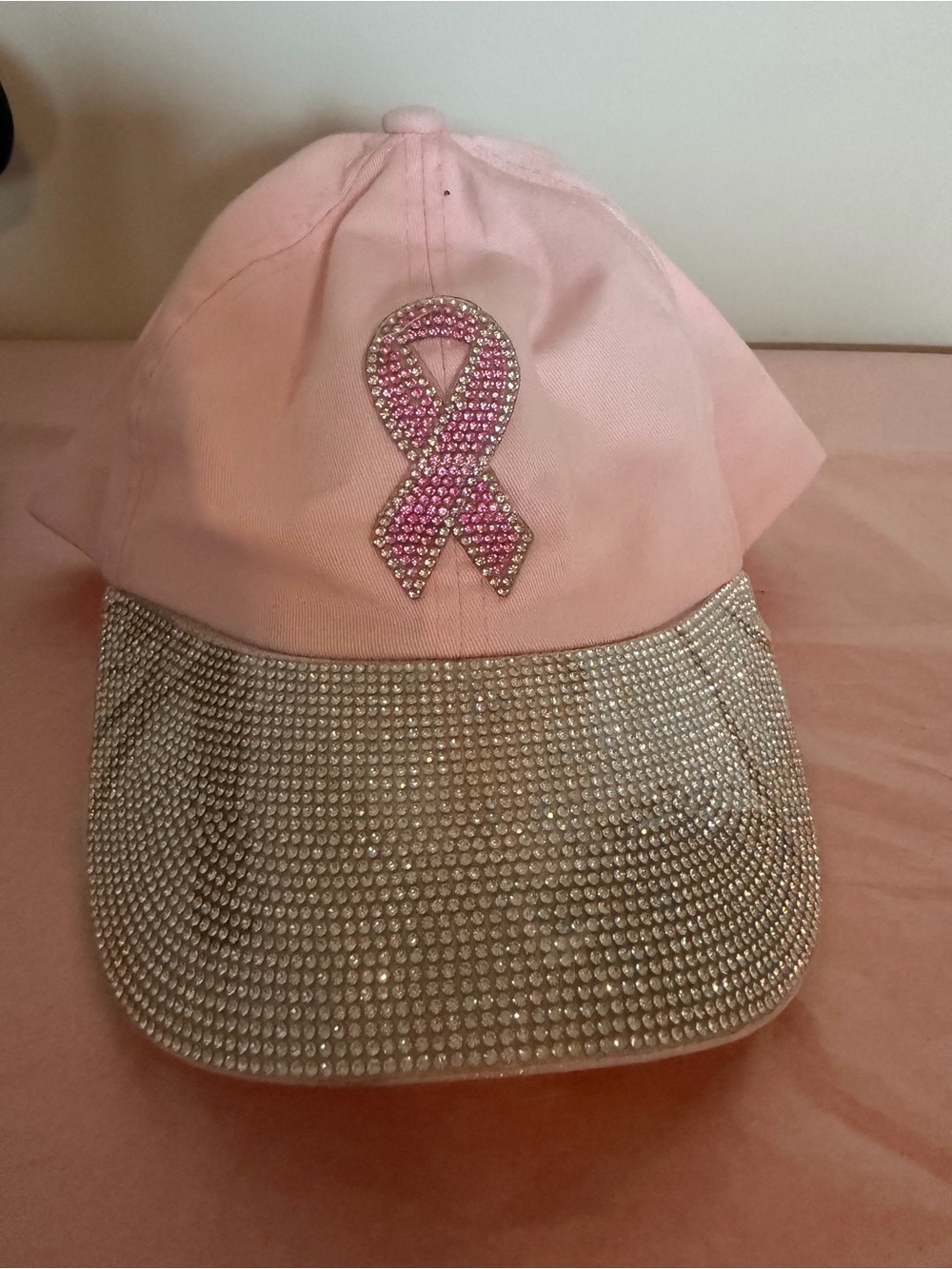 Pink Rhinestone Ribbon Baseball Cap with Silver Brim